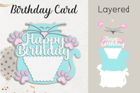 3D Layered Happy Birthday Card, Cat SVG: A Playful Craft Graphics Addition for Local Business Branding
