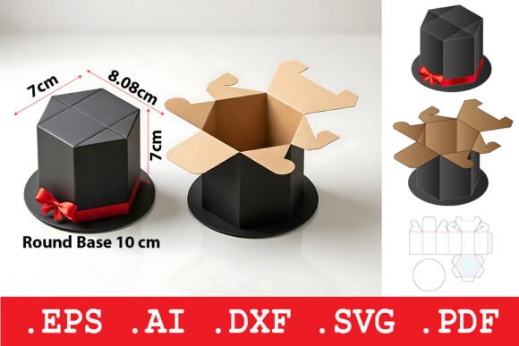 Hexagonal Top Hat Gift Box Dieline: 3D SVG Objects
